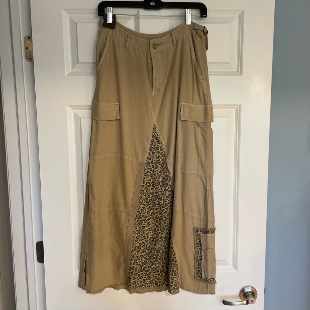 Tan Maxi Skirt with Leopard Print Detail